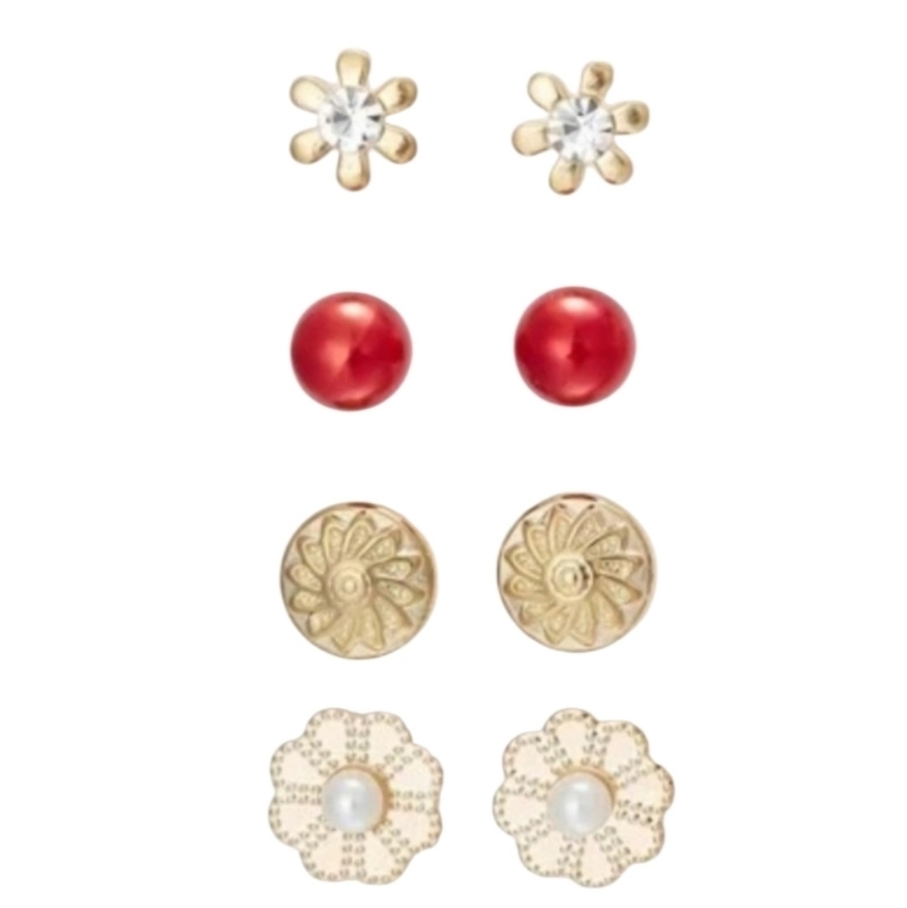 4pc floral, rhinestone & red pearl stud earrings set